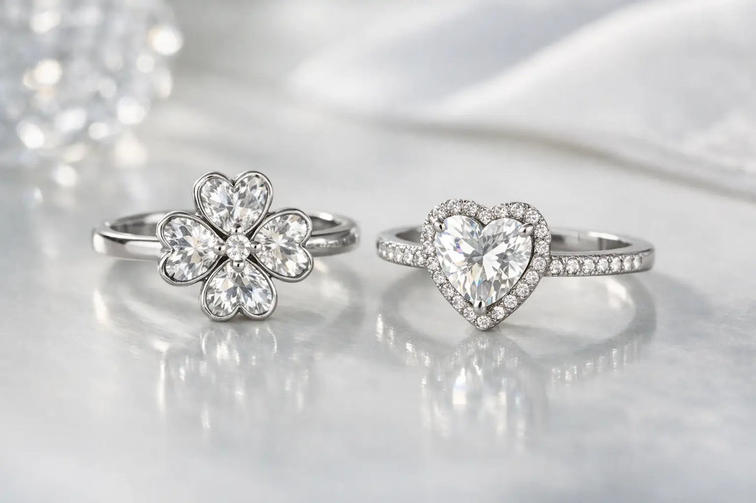 Anelli quadrifoglio e cuore luce in argento rosa moissanite